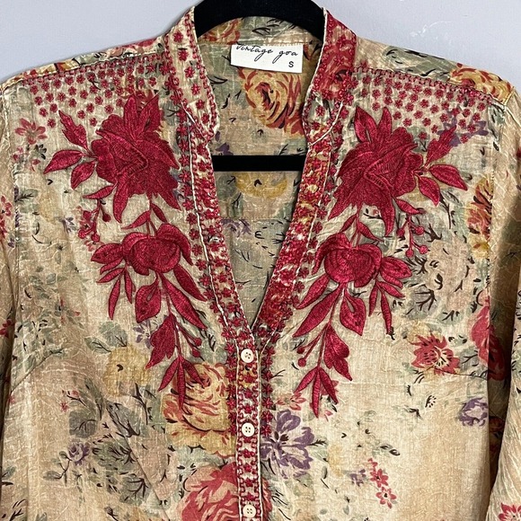 Vintage Joa Women Long Sleeve Semi Sheer Embroidered Floral Blouse SMALL Tan Red - Picture 2 of 12